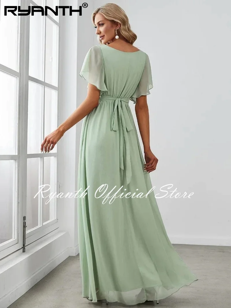 Ryanth Simple Ruffles Bridesmaid Dresses Elegant Chiffon Wedding Party Gown V-Neck Floor-Length Waist Lace-Up Vestidos Para Boda