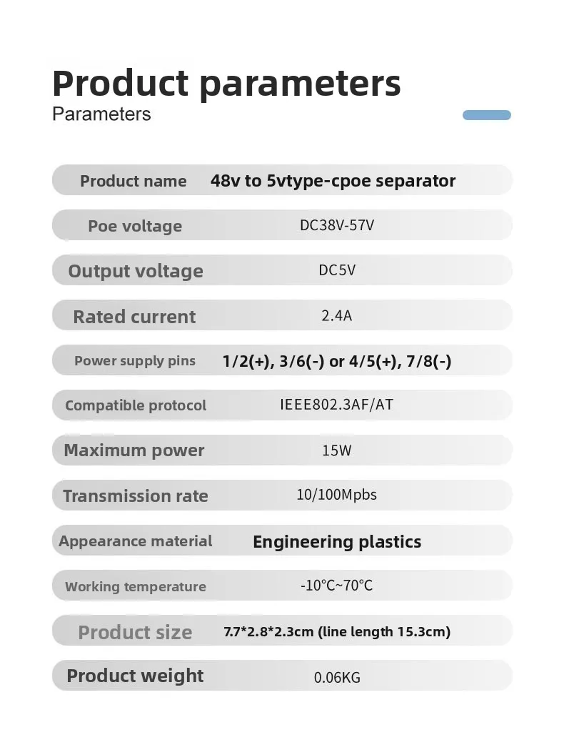 Répartiteur POE 48V à 5V Micro USB tpye-c 10/100Mbps, alimentation d'injecteur de caméra POE