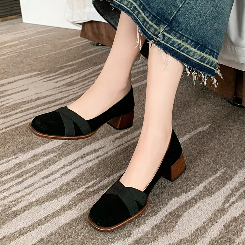 FEDONAS 2025 Spring Summer Classic Women Pumps Office Ladies Casual Kid Suede Leather Thick Heels Shoes Woman Vintage Concise