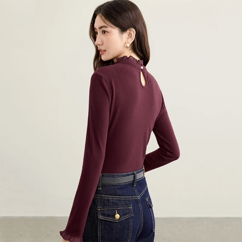 SENTUBILA Women Base Shirt Commuter Ruffle Collar Mock Neck Slim Elastic Inner Outer Wear Pullover 2026 Fall Basic Top 153SF2725