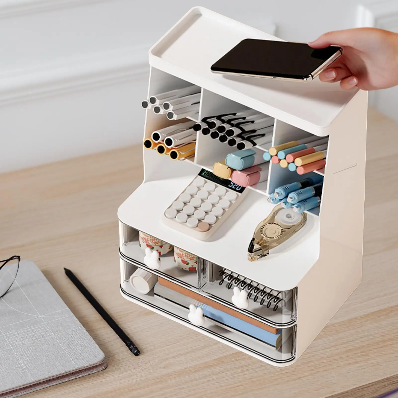 

Desk Organizer Marker Pen Pencil Storage Box with Drawer Smooth Edges Stationery Holder for Bathroom Counter Versatile Sturdy