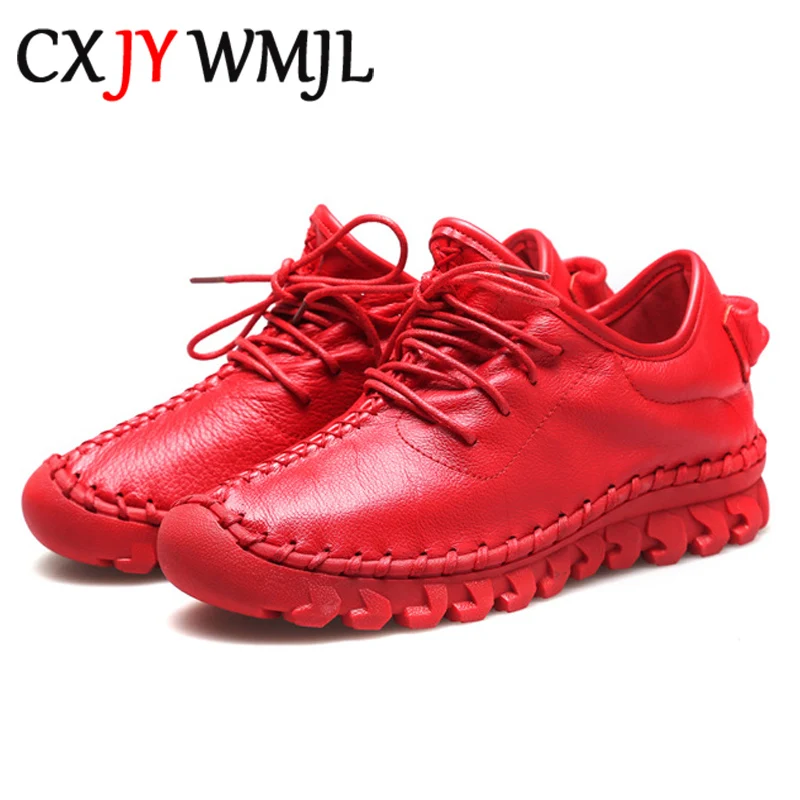 CXJYWMJL Cowhide Casual Sneakers for Women Plus Size Vulcanized Shoes Genuine Leather Spring Skate Shoes Ladies Sports White