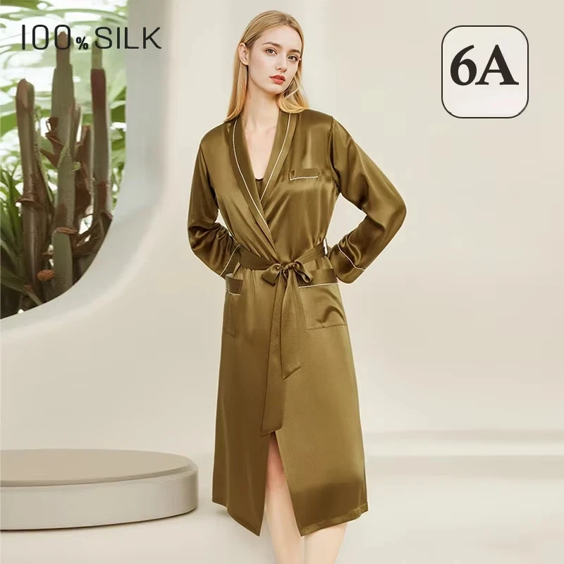 2026 New 100% Mulberry Silk Robe For Women 19 Momme Long Kimono Bathrobe Soft Nightgown Lounge Wear All Season