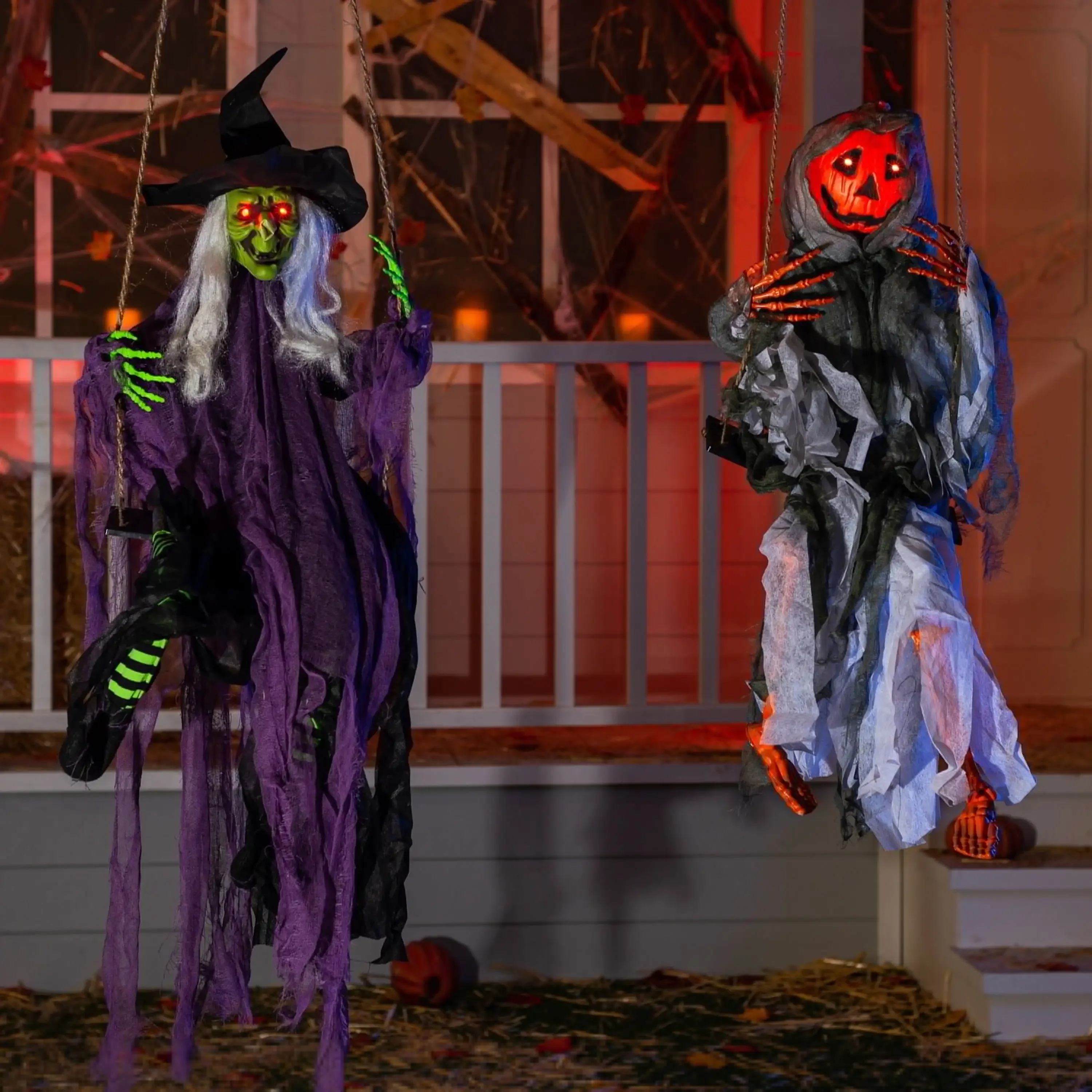 Sloosh 2er-Pack Halloween-Hängende Geister mit Licht, 3,9 Fuß Hexe und 3 Fuß Kürbisgesicht, gruselige Dekorationen für Halloween-Dekorationen