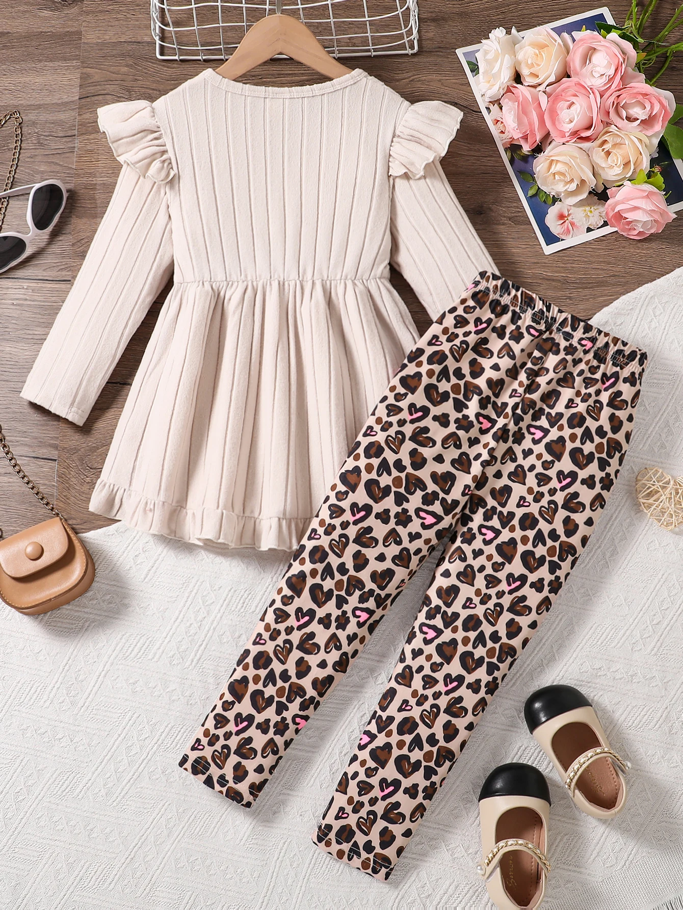 Spring Autumn Girls Cute Fashion Casual Clothing Apricot Knitted Ruffle Long Sleeve Top+Cartoon Full Print Elastic Waist Casual Pants Set