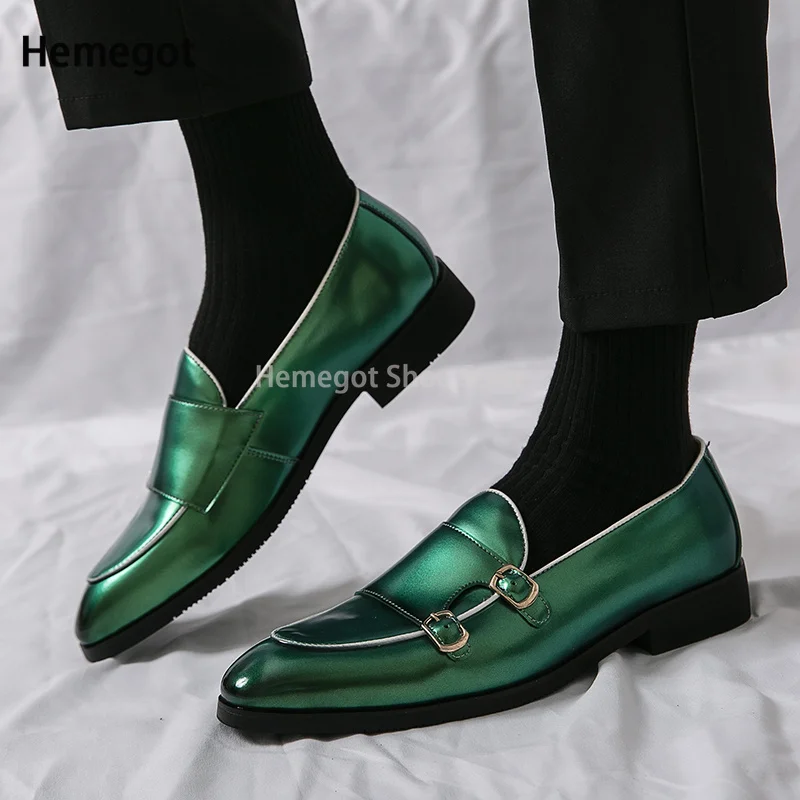 

Black Green Purple Pointed Toe Loafers Dress Shoes Fashion Leather Shoes Male British Casual Buckle Trend Large Size 38-48