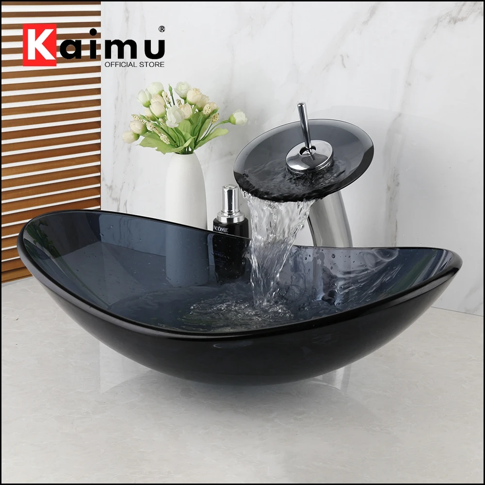 SINLAKU Tempered Glass Oval Washroom Basin Vessel Vanity Set  Transparent Bathroom Washbasin Brass Mixer Tap Faucet With Drain