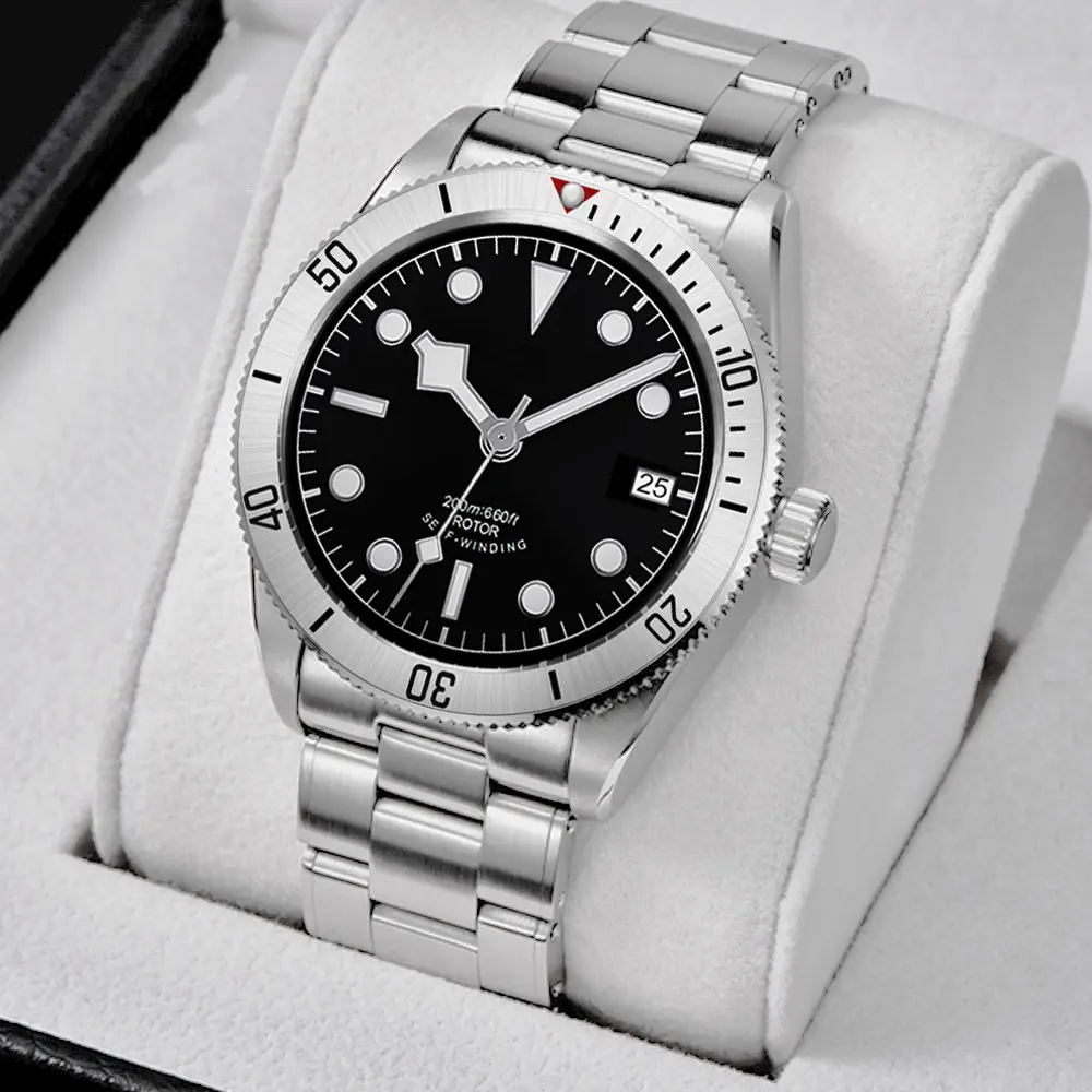 LOGO personalizzato Orologio da uomo NH35 in acciaio sterile da 39 mm quadrante nero Orologi da uomo Orologio da polso automatico impermeabile con cristallo di zaffiro