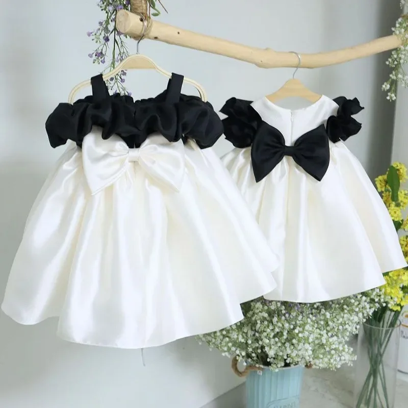 Customized Simple Korean Black White Spliced Color Design Birthday Party Dresses Exquisite High End Bow Decoration Ball Gown Sat