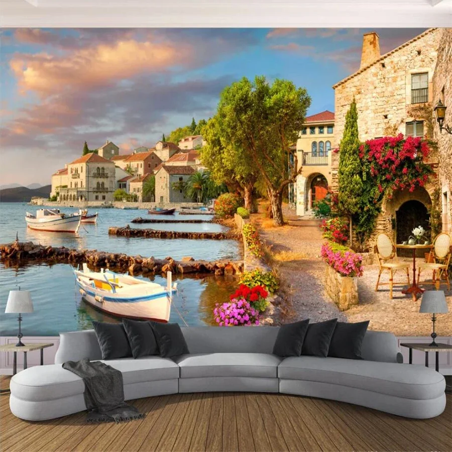 

Custom Mural 3d Wall papers Waterfall Scenery Living Room Bedroom Background wall cherry blossom port town landscape paper mural