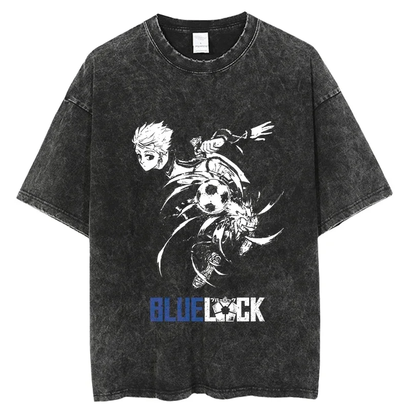 Blue Lock Vintage Washed Tshirts for Men Digital Printing Anime Graphic T Shirt High Quality Women Harajuku Oversize Tee