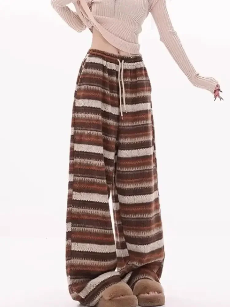 Pantalon épais à rayures Vintage pour femmes, décontracté, mode, jambes larges, cordon de serrage, élastique, taille haute, droit
