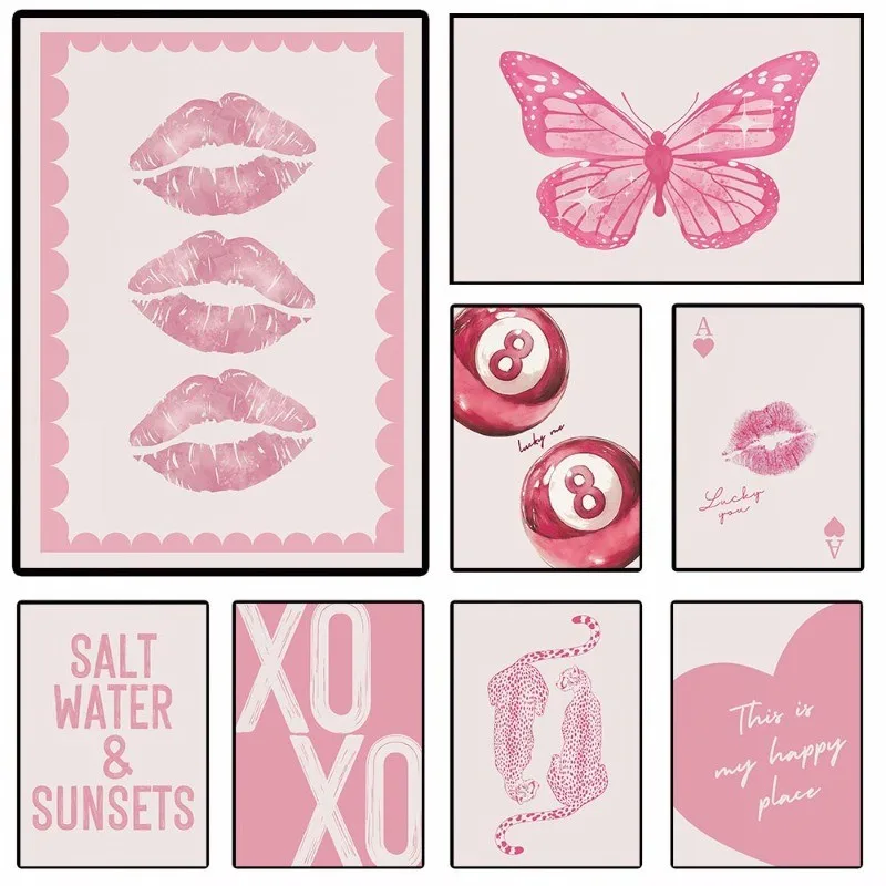 Póster Retro minimalista Preppy Pink Lucky Me Ball con diseño de corazón, arte de pared moderno para decoración de habitación de niñas