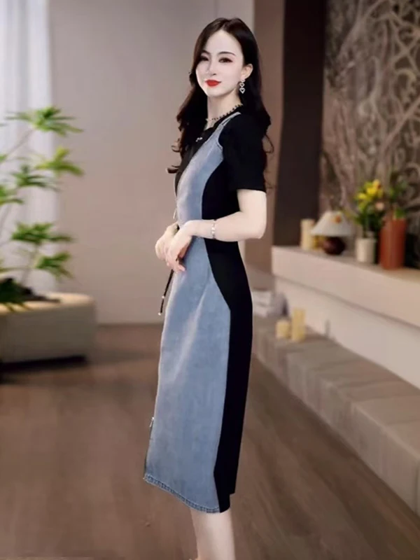 La Chapelle Faionable Denim Dr femmes été nouveau Design taille-collant jupe moulante taille haute a-ligne Midi Dr