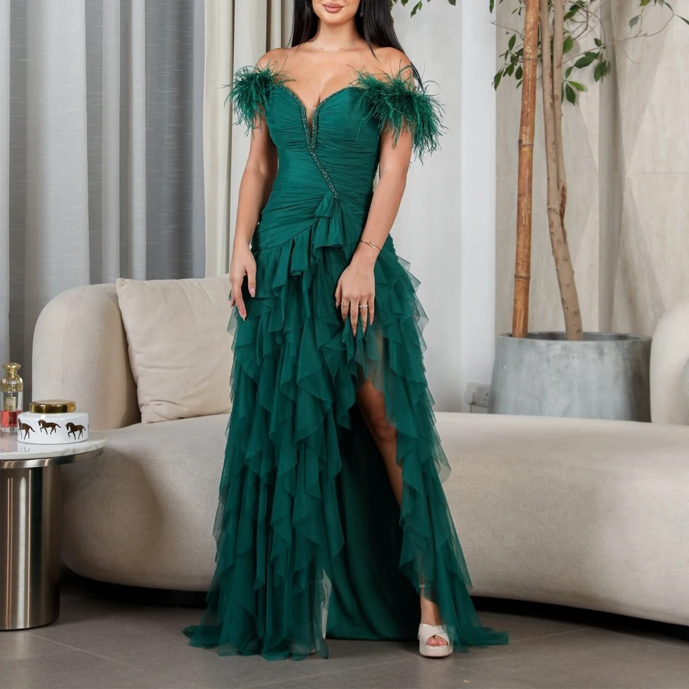 Customized Feather Ruffles Evening Dress with Split Off the Shoulder Beading Prom Gown Tiered Mermaid vestidos de noche