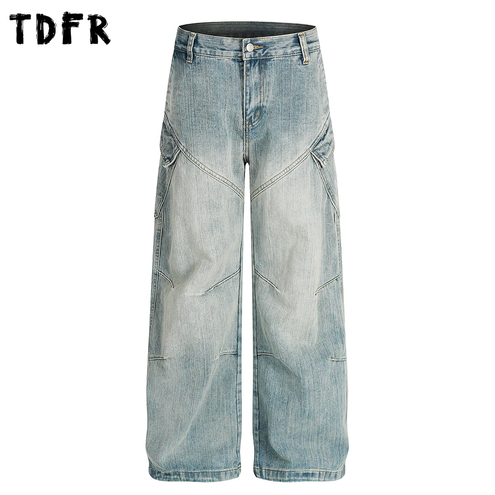 

Pocket Straight Jeans Mens Spliced Washed Distressed Retro Casual Wide Leg Baggy Denim Pants Man