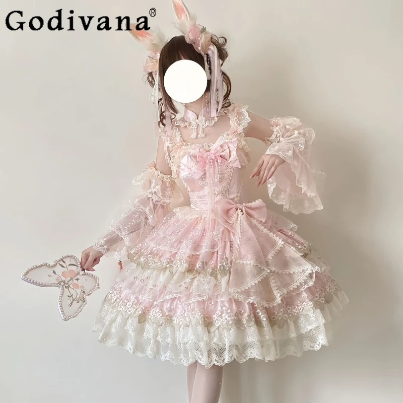 

Lolita Chinese Style Element Dress Women's Lolita Sweet Bowknot Gorgeous JSK Dress Female Pink Birthday Party Strap Dress