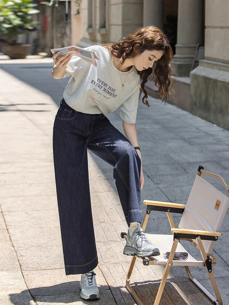 

Джинсы женские с высокой талией, прямые, укороченные, синие, модные, стройнящие, универсальные, осенняя новинка