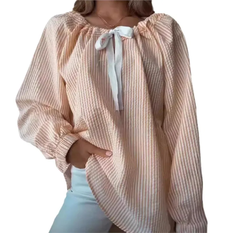 2025 outono e inverno novo estilo camisa feminina elegante e casual viajando chiffon camisa listrado rendas de manga comprida topo