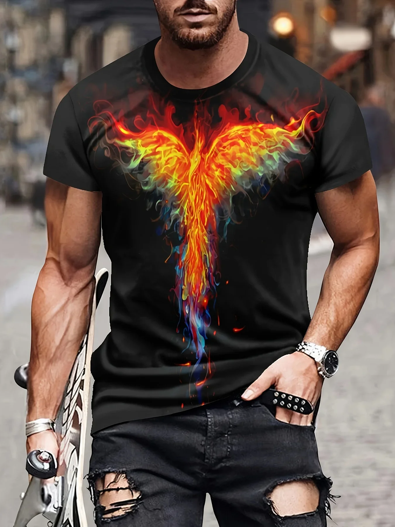 New 3D Flame Wings Graphic Print Men's Trendy Color Block Short Sleeve Crew Neck T-shirt Summer Outdoor Mens Sportswear Tshrits