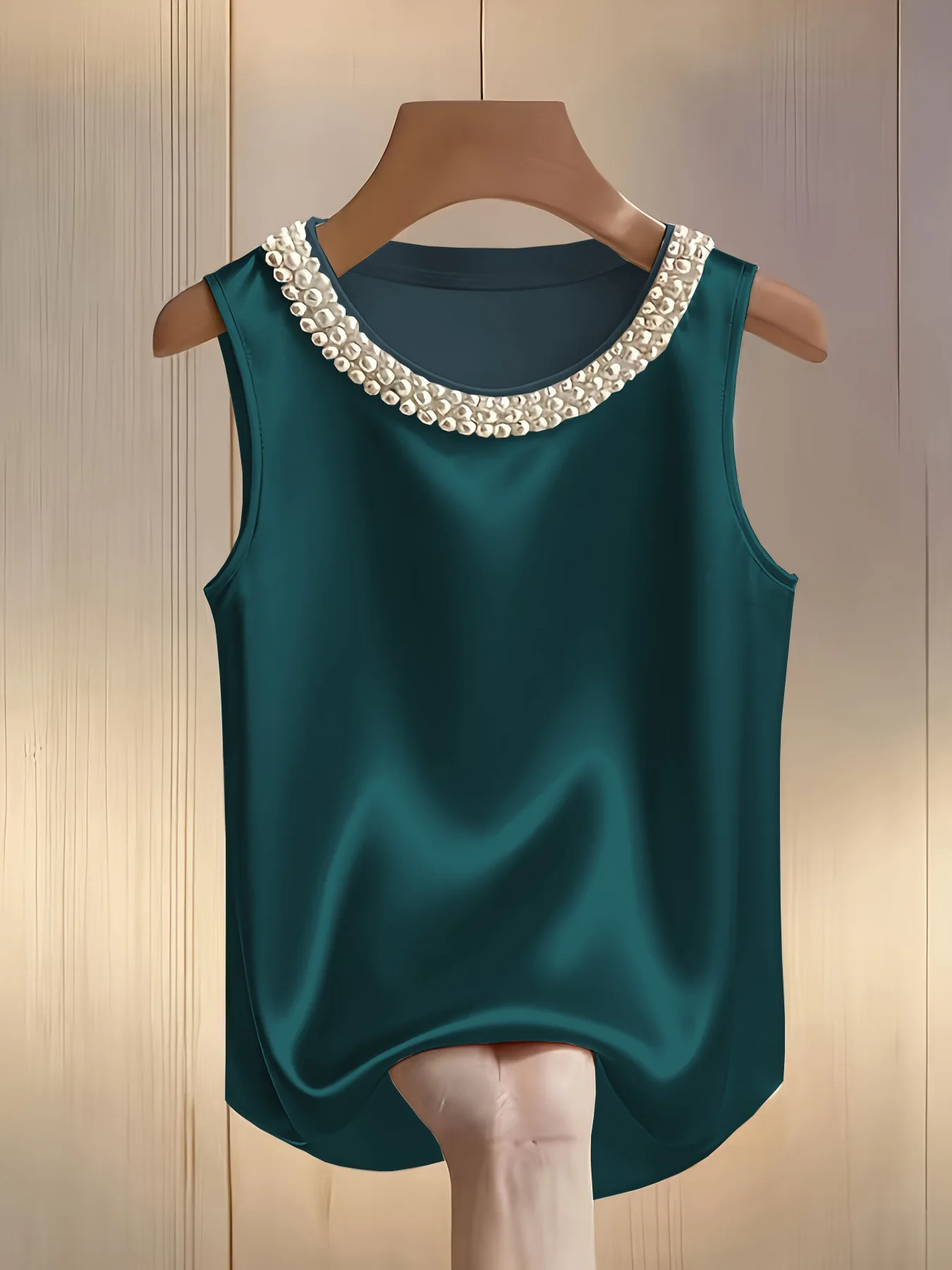 

Элегантная атласная рубашка для женщин, летняя блузка с бисерным декором, шелковая блузка, модные свободные женские майки, топы, модные женские футболки