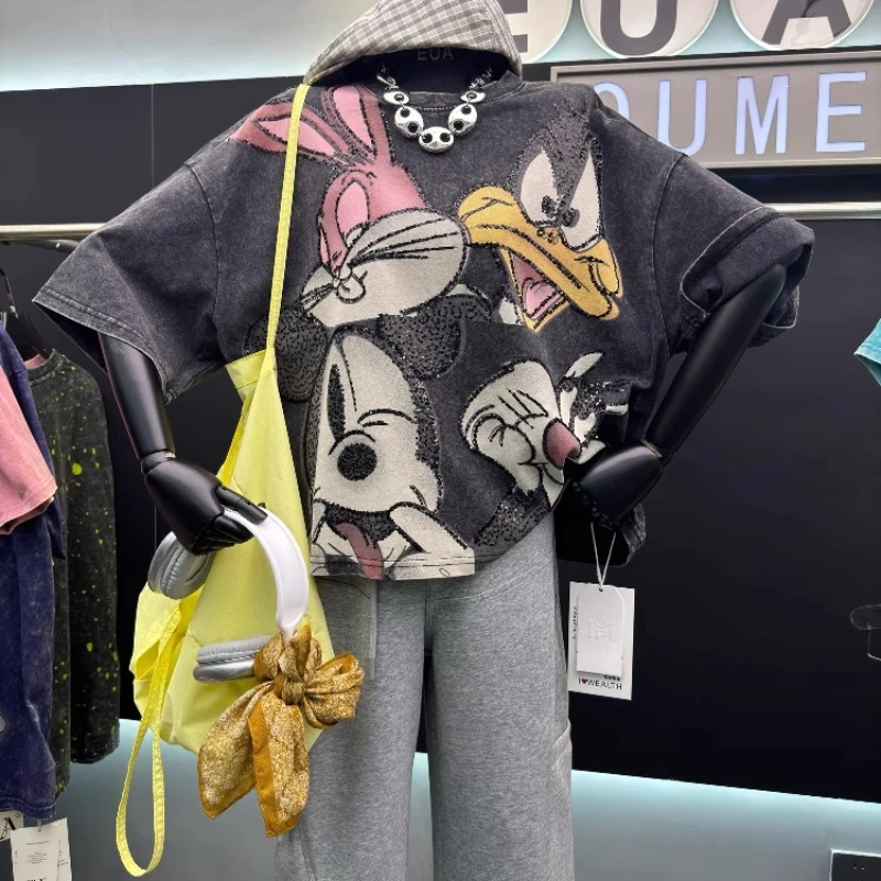 

Fashion Sequins Embroidery Cartoon Loose Short Sleeve T-shirt Women O-neck Pullover Top All-match Casual Straight Long Trousers