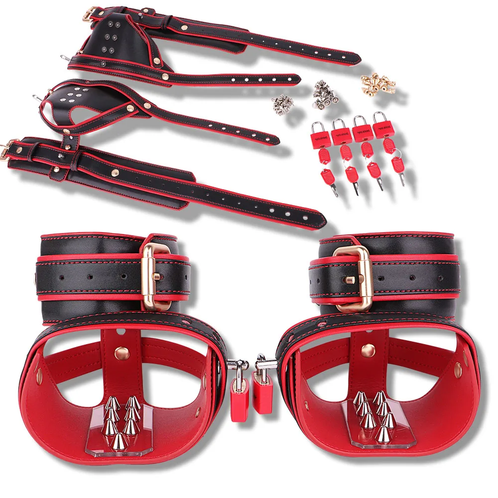 ANOSX Rivet Footrest Microfiber Leather Thorn Step Tiptoe Device Forced Tiptoe Bondage Footcuffs Discipline Standing Ankle Cuffs