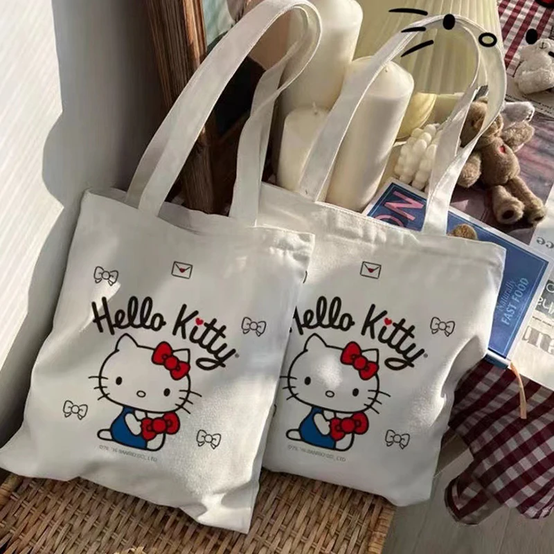 Women Cute Hello Kitty Canvas Tote Bag Femme Shopping Shoulder Bags Travel Tote Luxury Designer Handbags Handiness