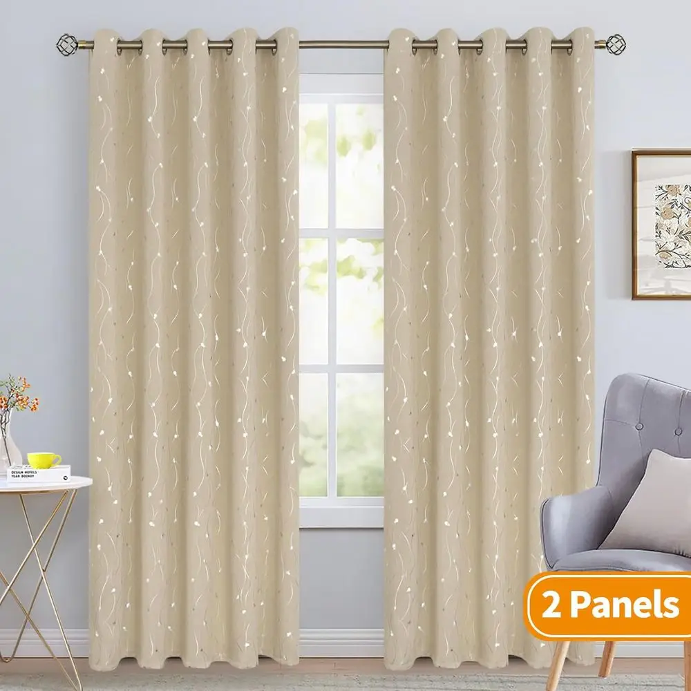 60 rideaux à œillets assortis pour pièce large, isolation thermique avec motif de lignes et de points, 2 panneaux beiges, 60x84