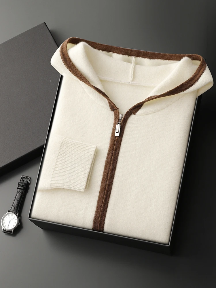 

Новый осенне-зимний мужской кардиган на молнии с капюшоном, 100% козьего кашемира, вязаный свитер, повседневная толстая теплая мужская одежда с длинными рукавами, топы