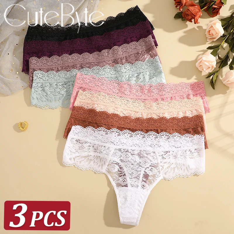 3Pcs Lace Sexy Thongs Women Low-Rise Briefs Sexy Soft Ladies Underwear Trendy F…