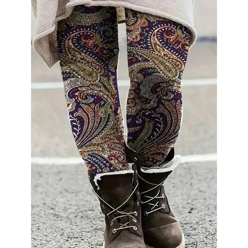 Plus Size Boho Leggings Women\'s Paisley Print Elastic High Rise Slight Stretch Skinny Leggings Women Clothing