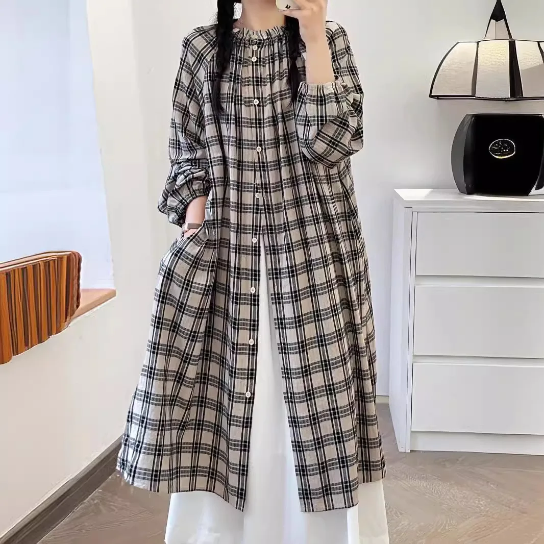 Nuovi abiti estivi a maniche lunghe in cotone, Plaid con colletto in piedi da donna, abito allentato Vintage Casual da ragazza Mori, autunno 2024