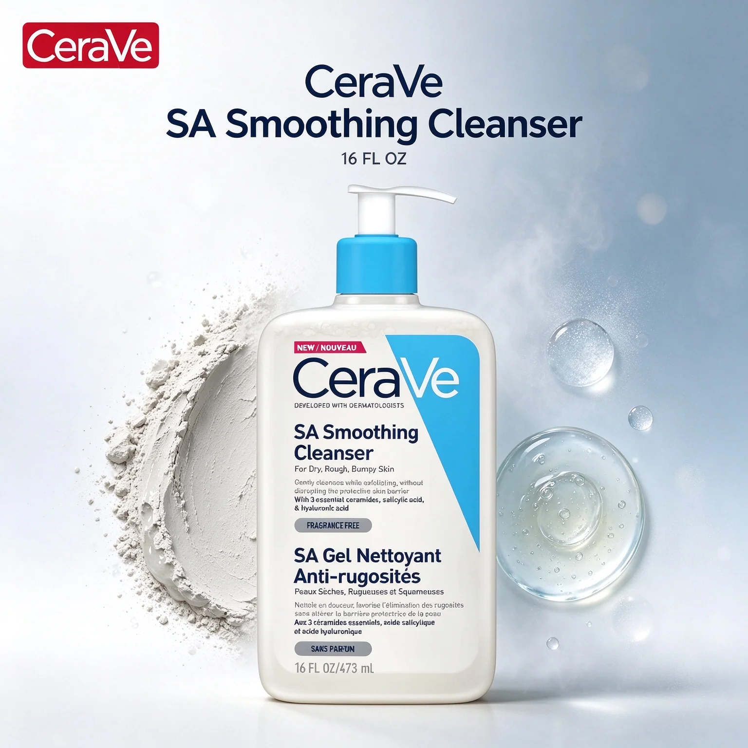 CeraVe SA Smoothing Cleanser for Dry, Rough Bumpy Skin, Fragrance Free SA Gel Nettoyant Anti-rugosités 16 FL OZ (473ml)