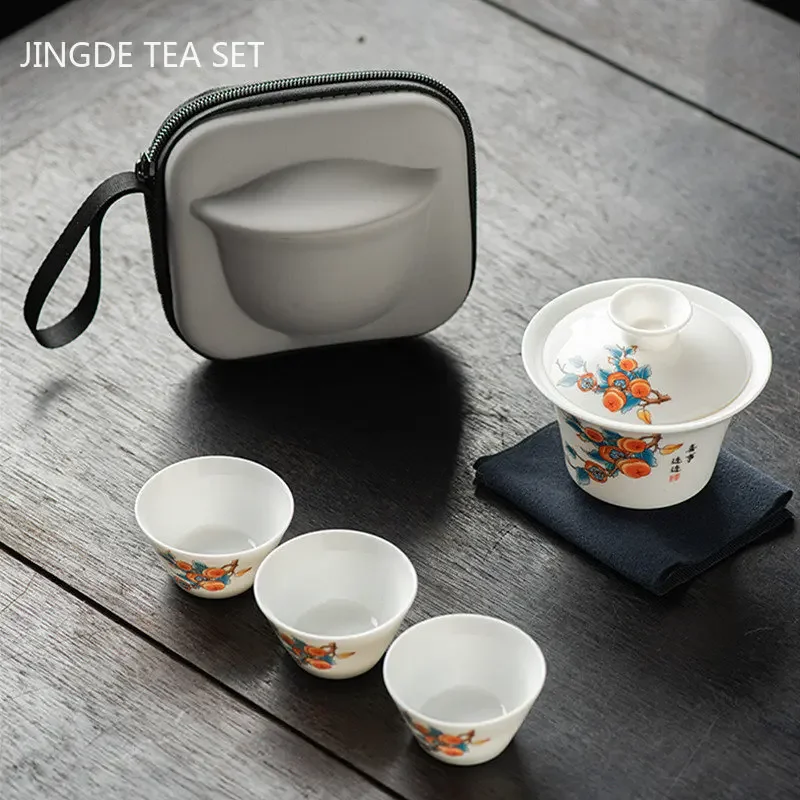 Porcelana portátil Travel Tea Set, requintado Cabra Gordura, Jade, Gaiwan, Copa, Suprimentos Teaware, portátil, ao ar livre, cerâmica