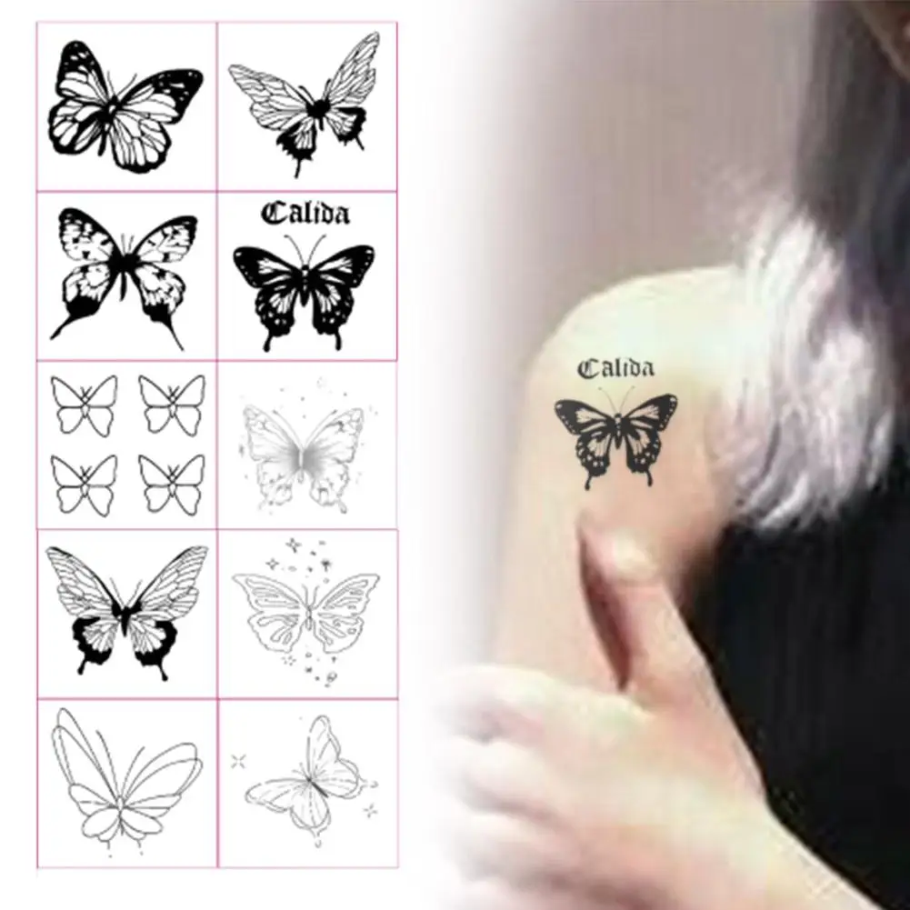 Nuevo tatuaje falso de mariposa de alta gama para mujer, tatuaje de flor negra, tatuaje temporal impermeable para Halloween, pegatina L0E5