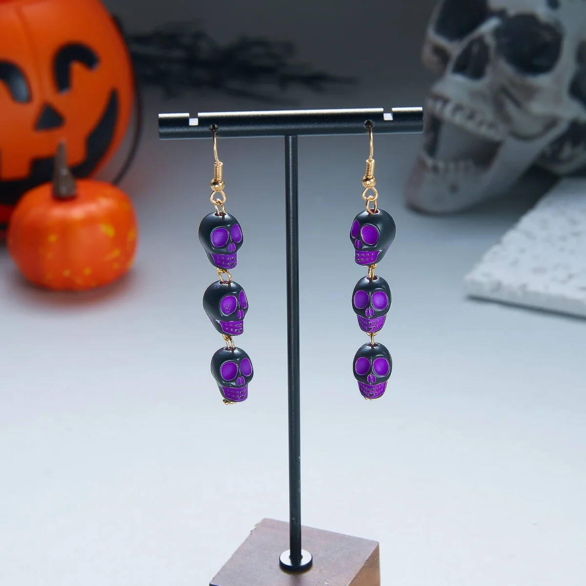 Lila-schwarze, dreifach stapelbare Totenkopf-Ketten-Ohrringe für Damen, Halloween, Gothic, cool, Skelett-Kopf-Ohrringe, Party-Schmuck – Detail 27