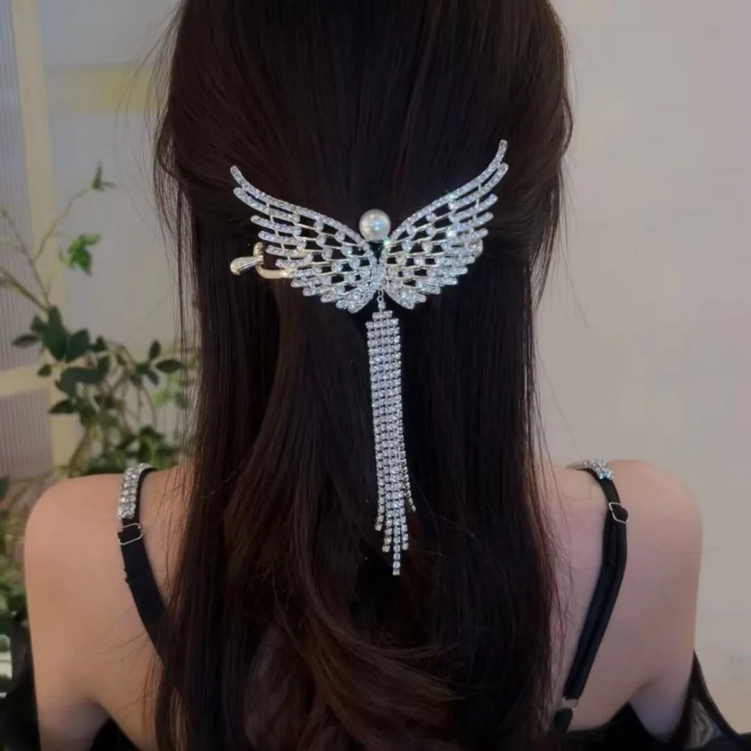 VANIKA Full Rhinestone Angel Wing Hair Clip Elegant Tassel Hairpins Ponytail Bun Headbands For Women Girls summer accessories