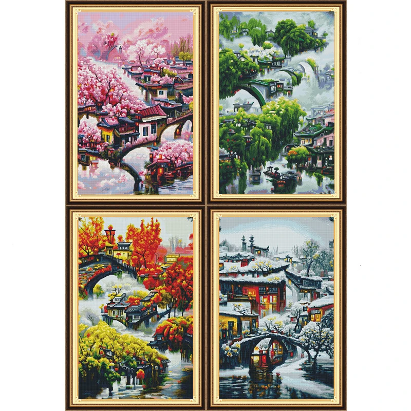 Needlework,DIY Landscape Painting Cross stitch ,Four Seasons Cross-stitch ,Sets For Embroidery kit Winter Autumn Scenery