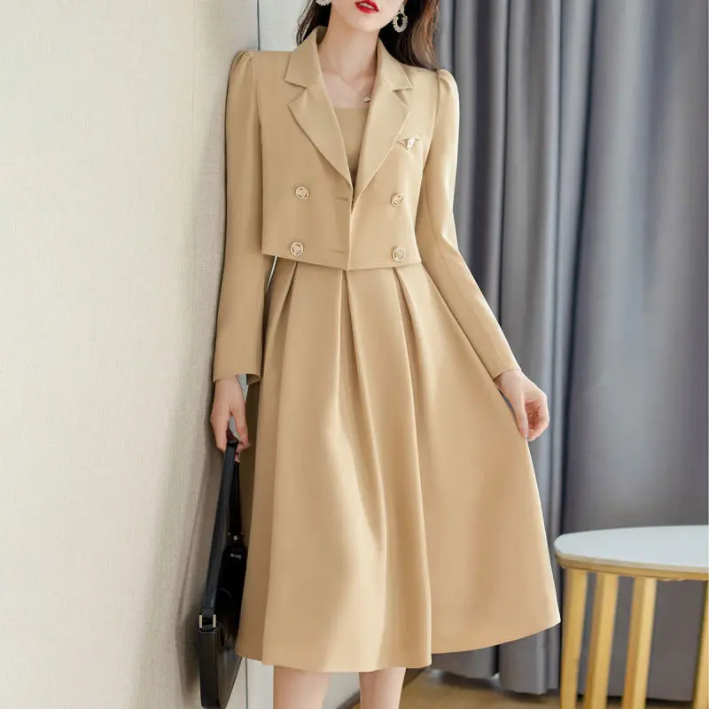 Women Work Clothing 2 Piece Dress Set 2022 Spring Autumn Korean Office Lady Graceful Blazer Tank Dress Outfit Short Suit Jacket