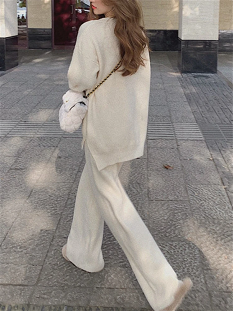 REALEFT Autumn Winter 2 Pieces Women\'s Sets Knitting Tracksuit O-Neck Split Sweater and Loose Wide Leg Pants Pullover Suits 2024