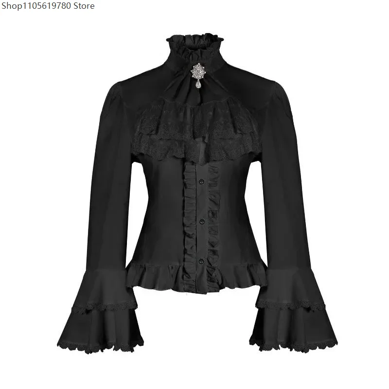 Lolita Lace Shirt Ruffle High Collar Button Up Shirt Long Sleeves Women Gothic Blouse Tops Jabot Tie Halloween Victorian Costume - view 4