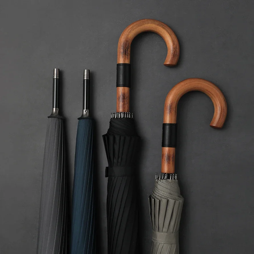 16K Windproof Long Umbrella Leather Wooden Handle Big Golf Umbrellas Genuine Brand Black Rain Umbrella Men Gifts Guarda Chuva