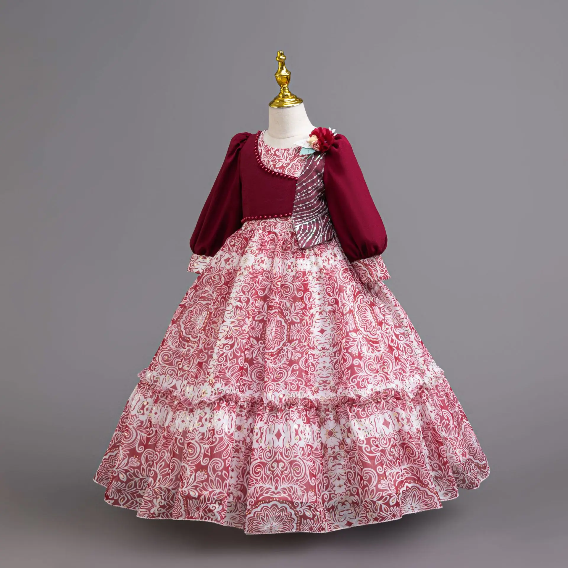 

Christmas Children Girls Print Long Dress Girl Ceremonial Dresses Chiffon Child Clothes 4 to 12T