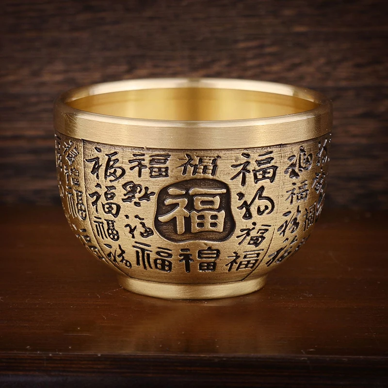 Good Luck Phoenix Cylinder Ornament Traditional Hand Carved Brass Drinking Cup Pure Brass Brass Feng Shui Bowl Lucky Ornament