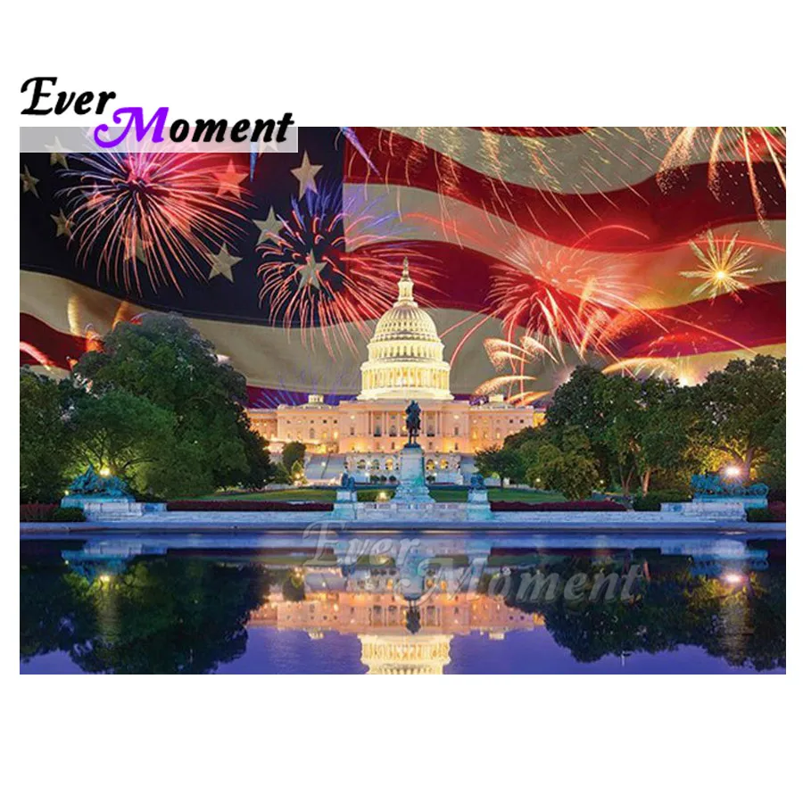 

Алмазная картина Ever Moment, флаг Америки, белый дом, фейерверк, картина со стразами, алмазная вышивка, украшение для дома ASF1616