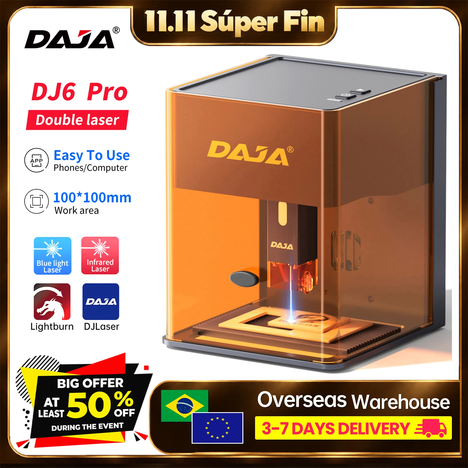 DAJA DJ6 Pro Laser Engraver Portable Safety Cover Cut Business Engraving Machine for Metal Stainless steel Jewelry Wood Acrylic