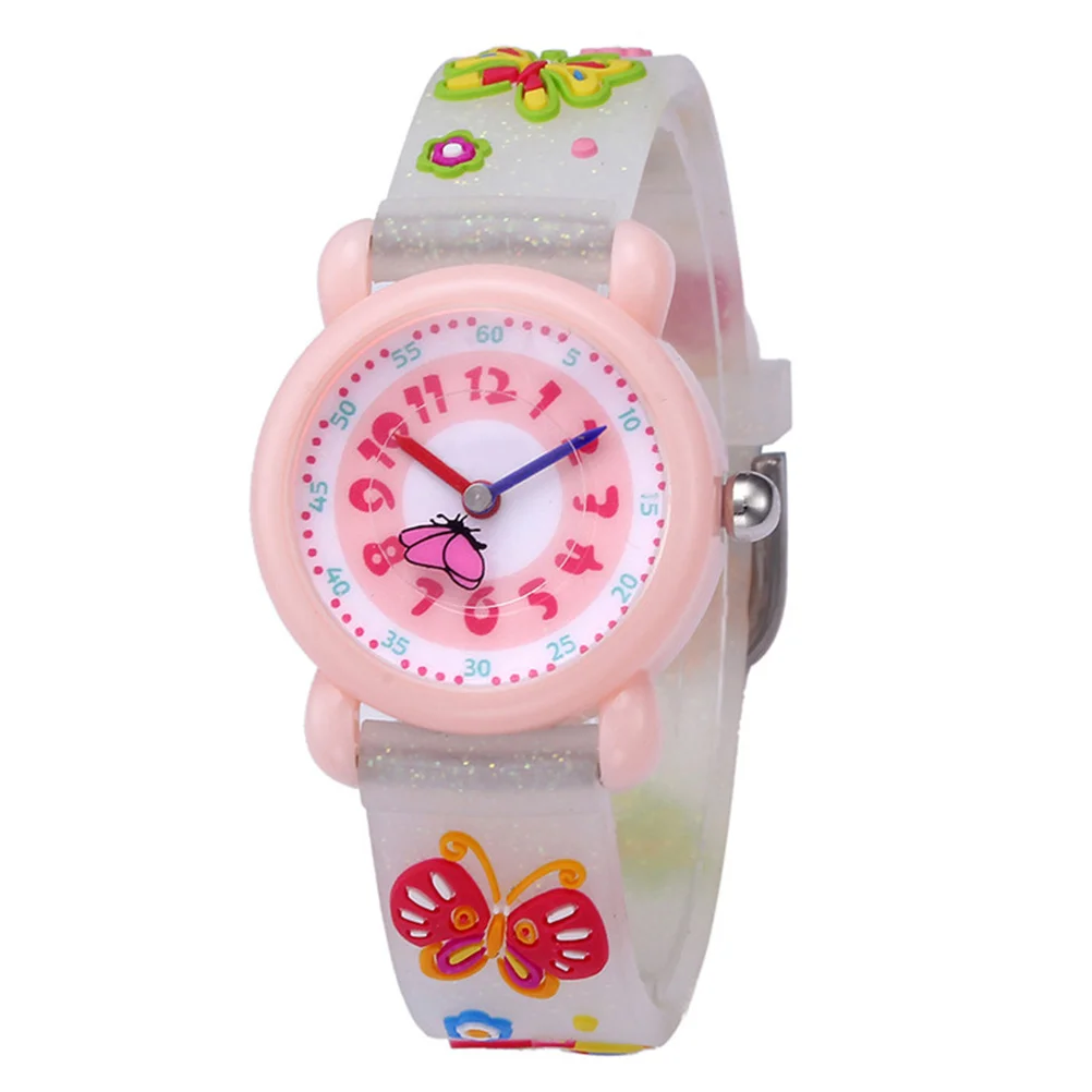 's 3D Cartoon Watch Waterproof Quartz Movement Silicone Band Time Teaching Gift for Butterfly Loose Powder White