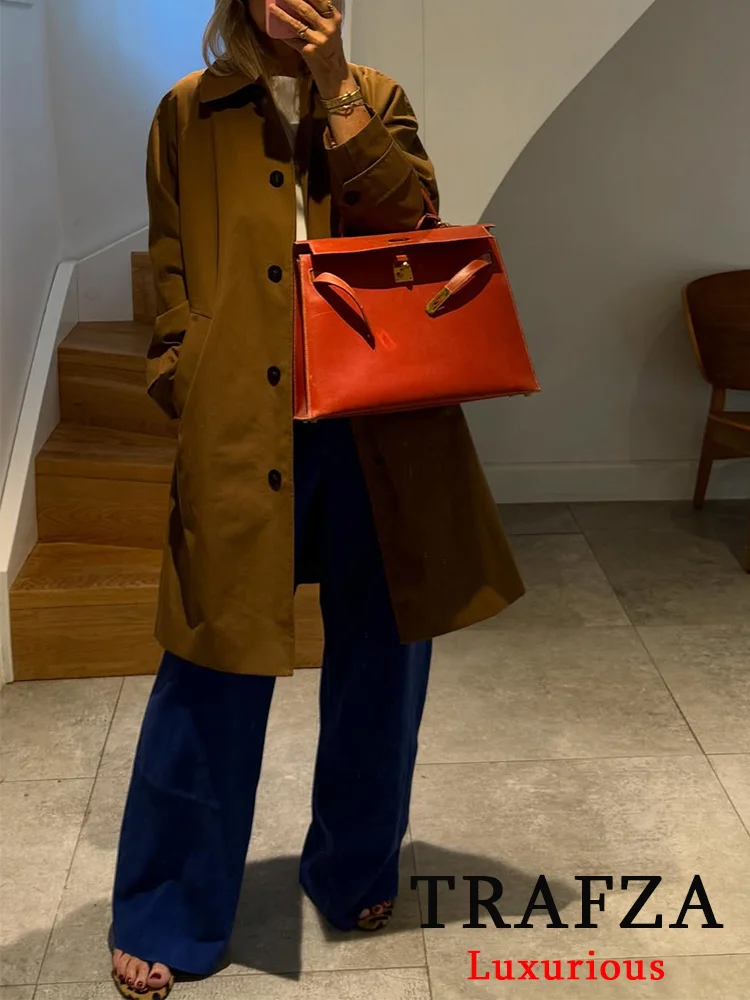 

TRAFZA Casual Chic Women Jackets Solid Single Breasted Turn-down Collar Long Sleeve Long Coat Fashion 2025 Autumn Straight Coat