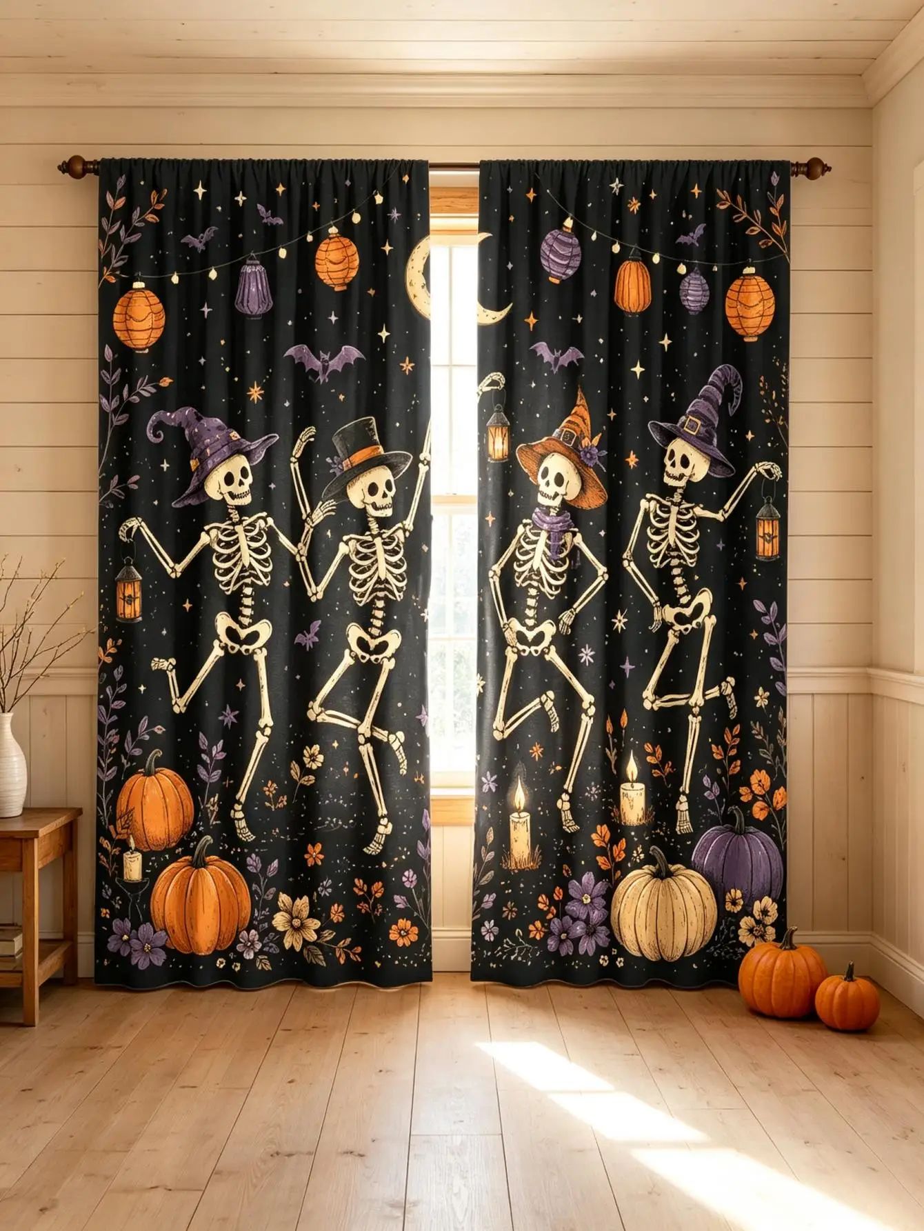 2PCS Digital Print Curtain, Dancing Skeleton Fun Halloween, Playful Spooky Party for Living Room Bedroom Kitchen Decor